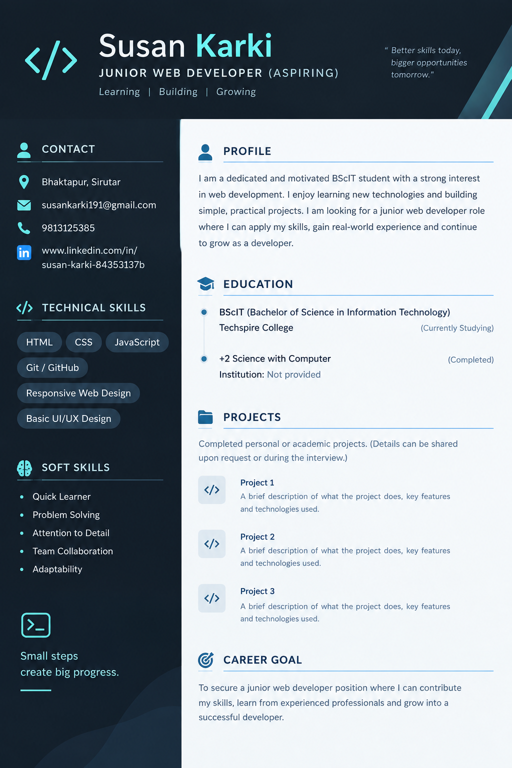 Resume of Susan Karki, first page